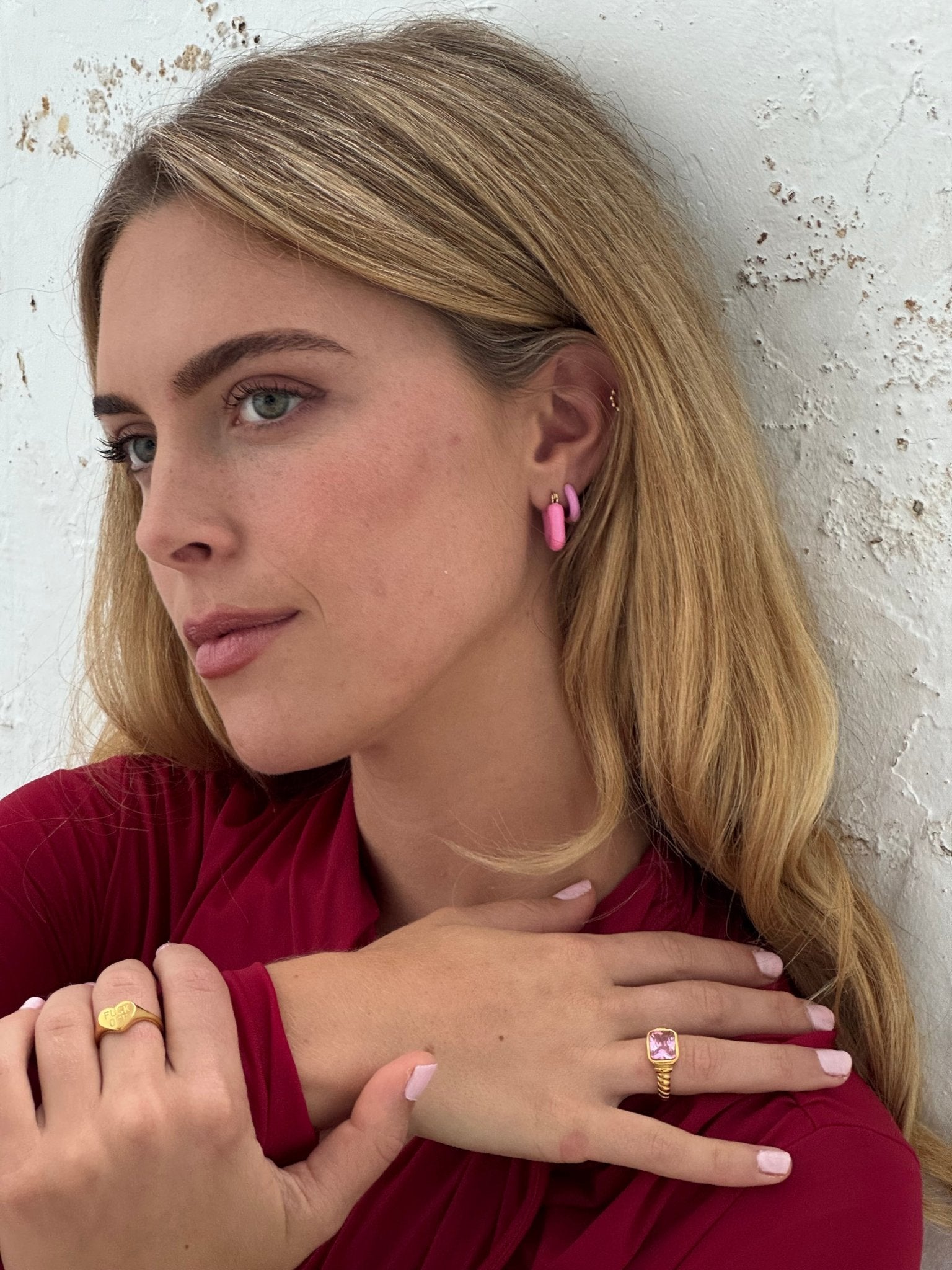 The Glazed Collection celebrates colour and fun. Courtney shows our pink enamel hoops 