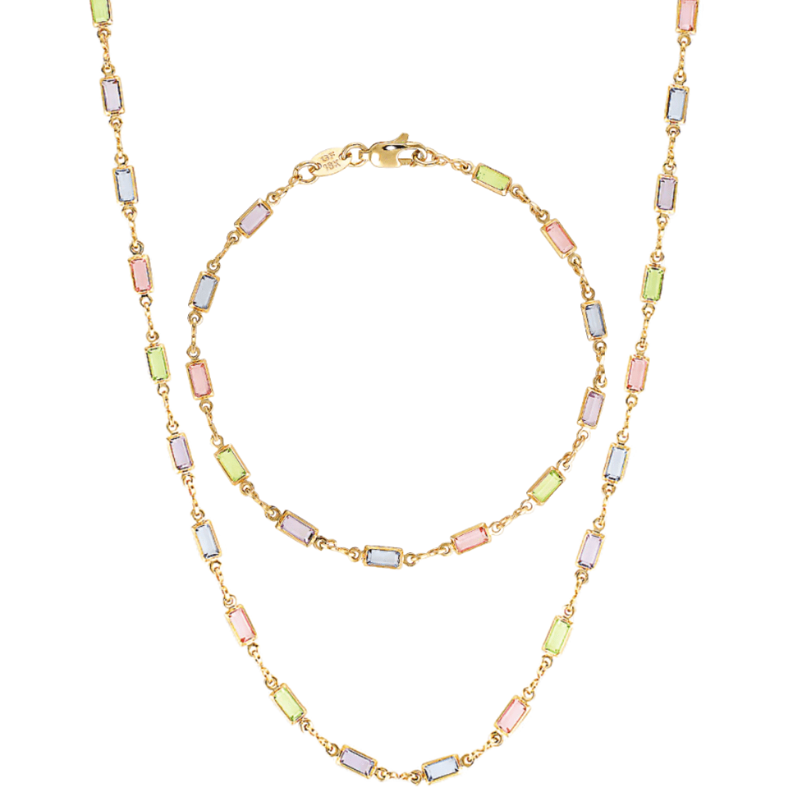 Pastel rainbow bracelet and necklace set in gold 