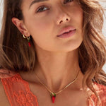 Model in Bixby and co glass chilli pendant necklace