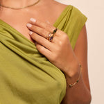 Model in coloured oval gemstone rings from Bixby and Co 
