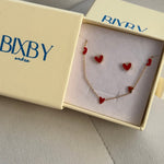 Cute Cupid Set - red heart stud earrings and red heart necklace in Bixby packaging 