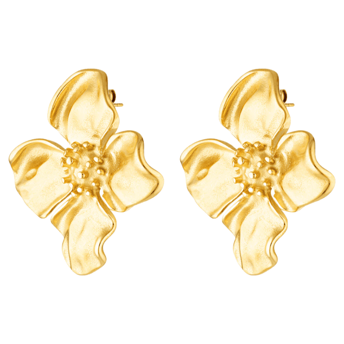 Tahiti Earrings, large hibiscus shaped gold stud earrings in 14k gold 