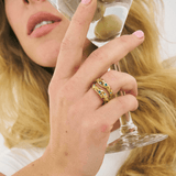 multicoloured gemstone Bixby Ring stacked on models finger