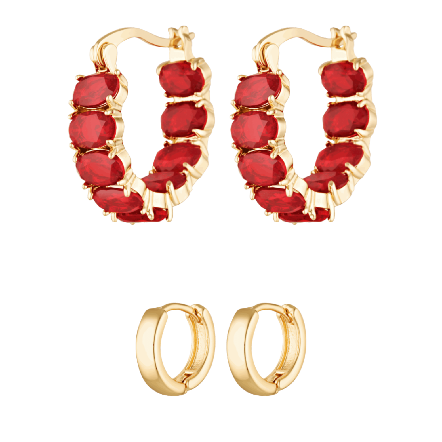 Isolde Stack - red crystal earrings and small gold fill Huggies 