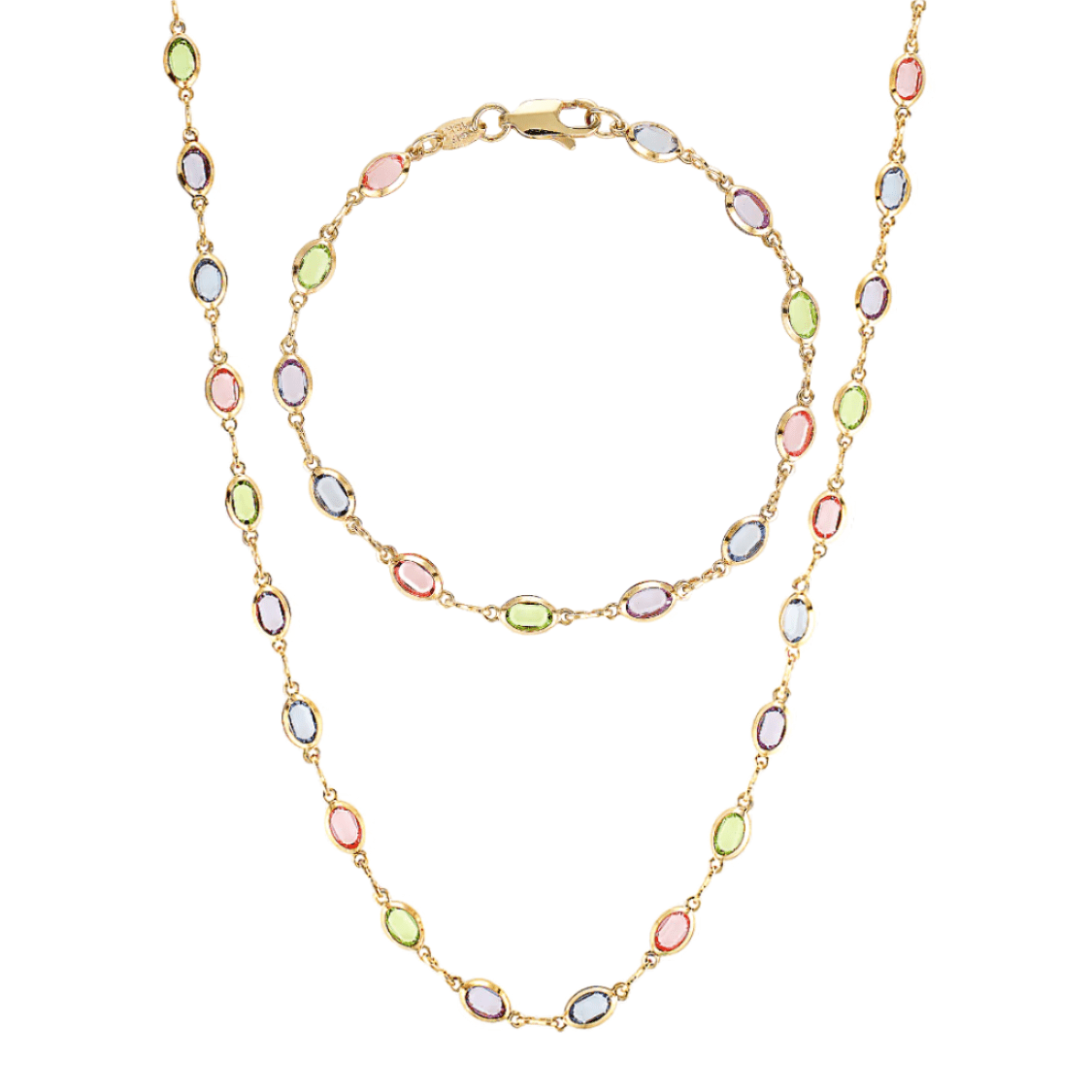 Rainbow necklace and bracelet set in pastel coloured gems 