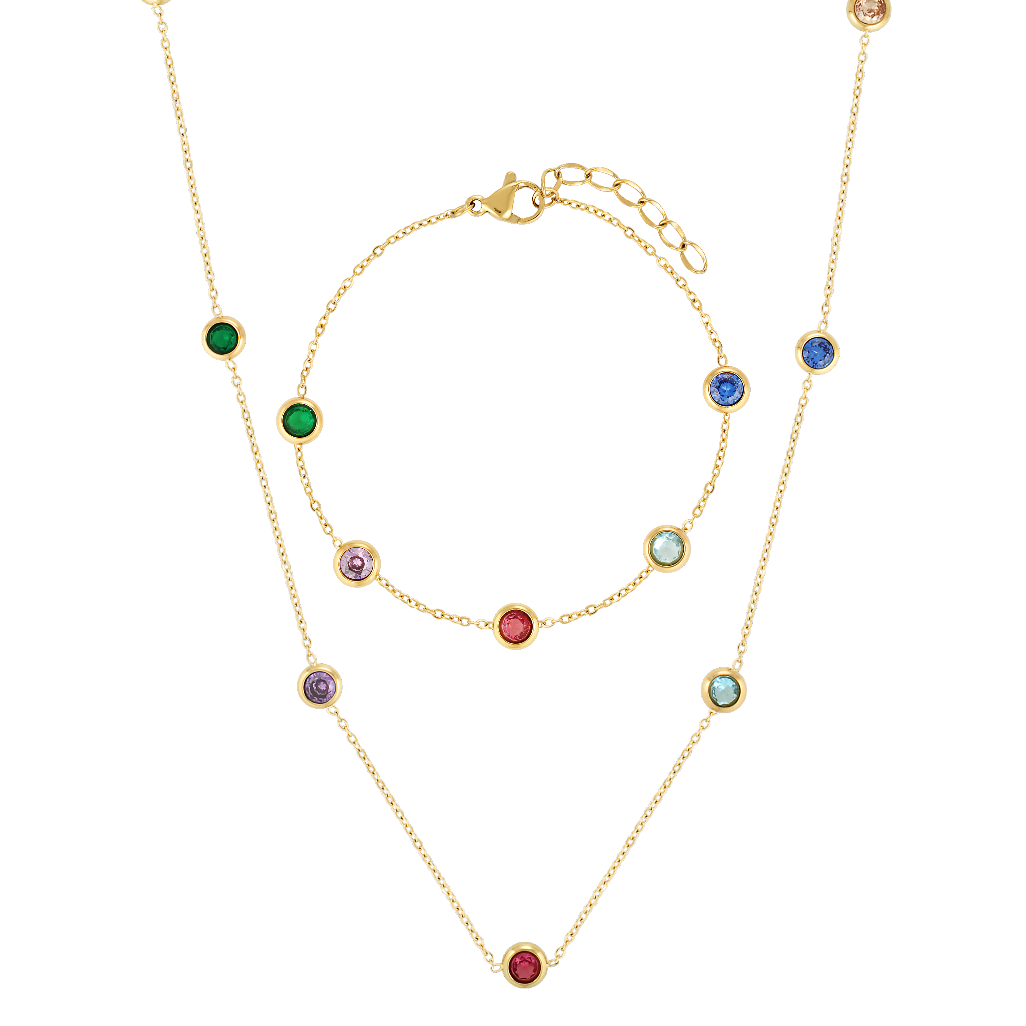 Cute matching necklace and bracelet set with small multicoloured stone along a fine gold chain 