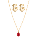 Beautiful large gold stud hoops and red crystal pendant necklace in 18k gold fill set 