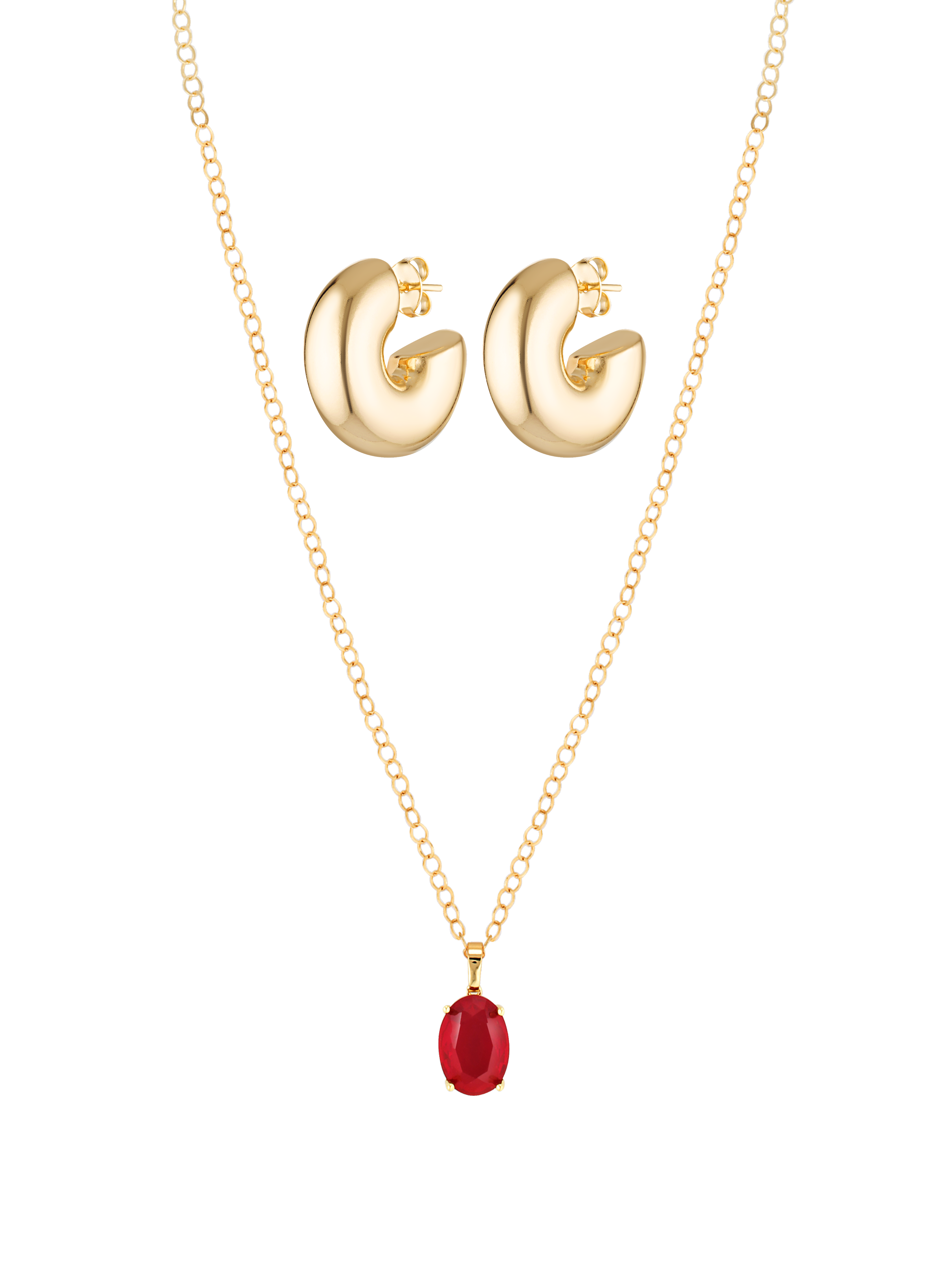 Beautiful large gold stud hoops and red crystal pendant necklace in 18k gold fill set 
