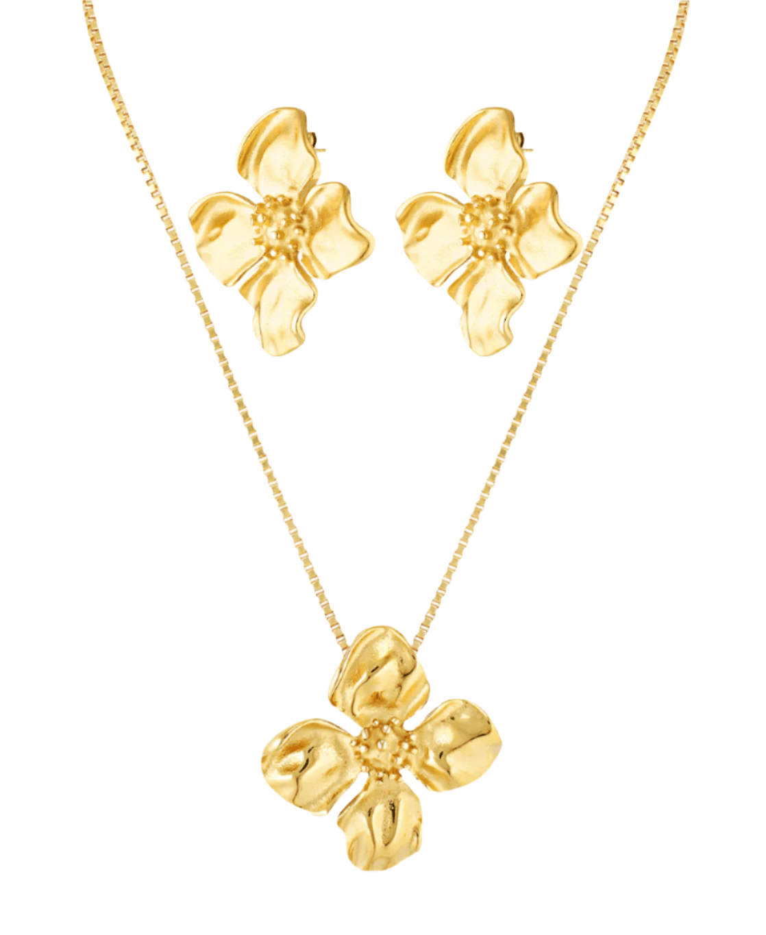 Hibiscus shaped earrings and necklace  with large Gold flower pendant 