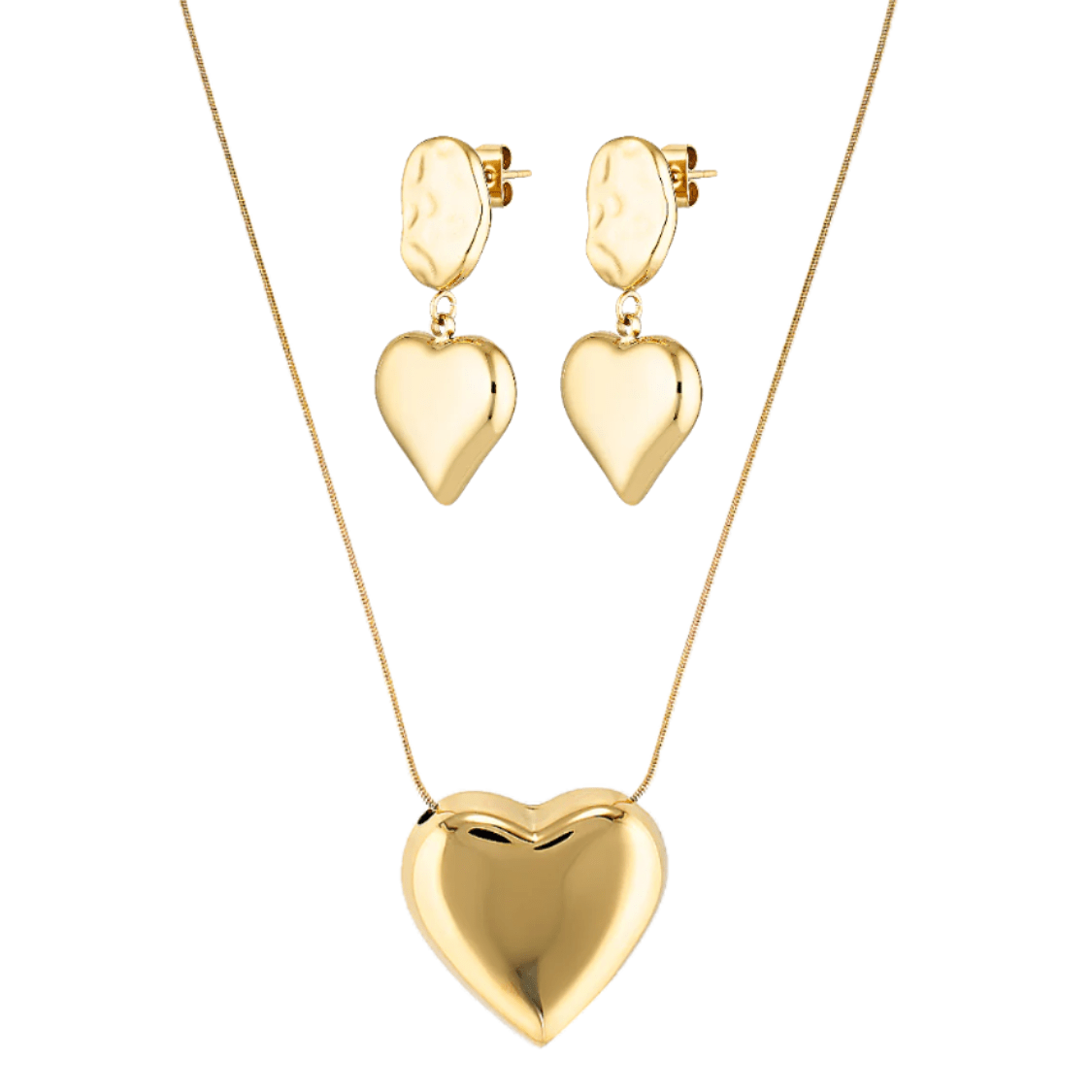 Puffy heart shaped necklace and earring set in gold 