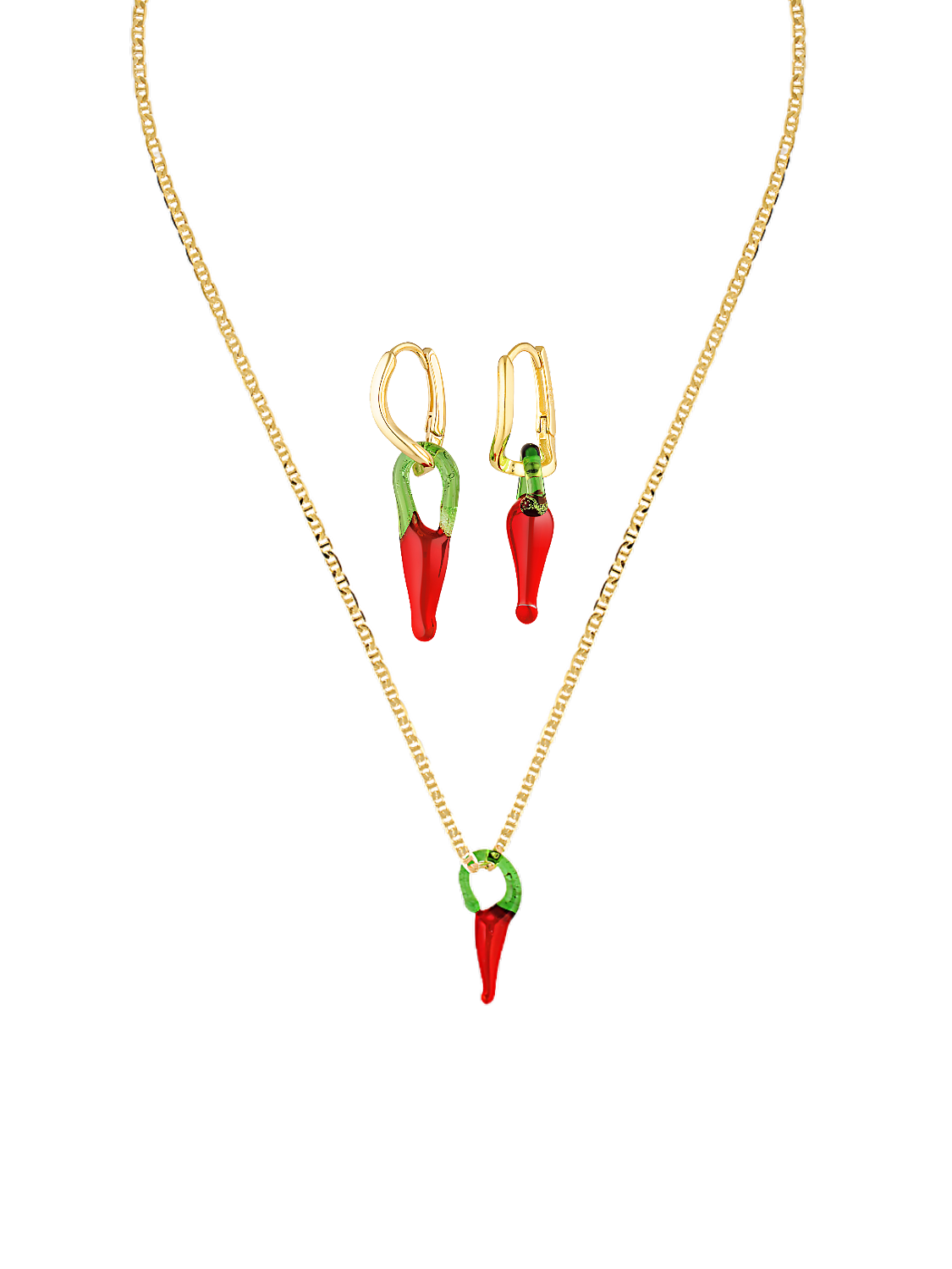 Beautiful 18k gold fill hoops and necklace with small glass chilli charms for good luck 
