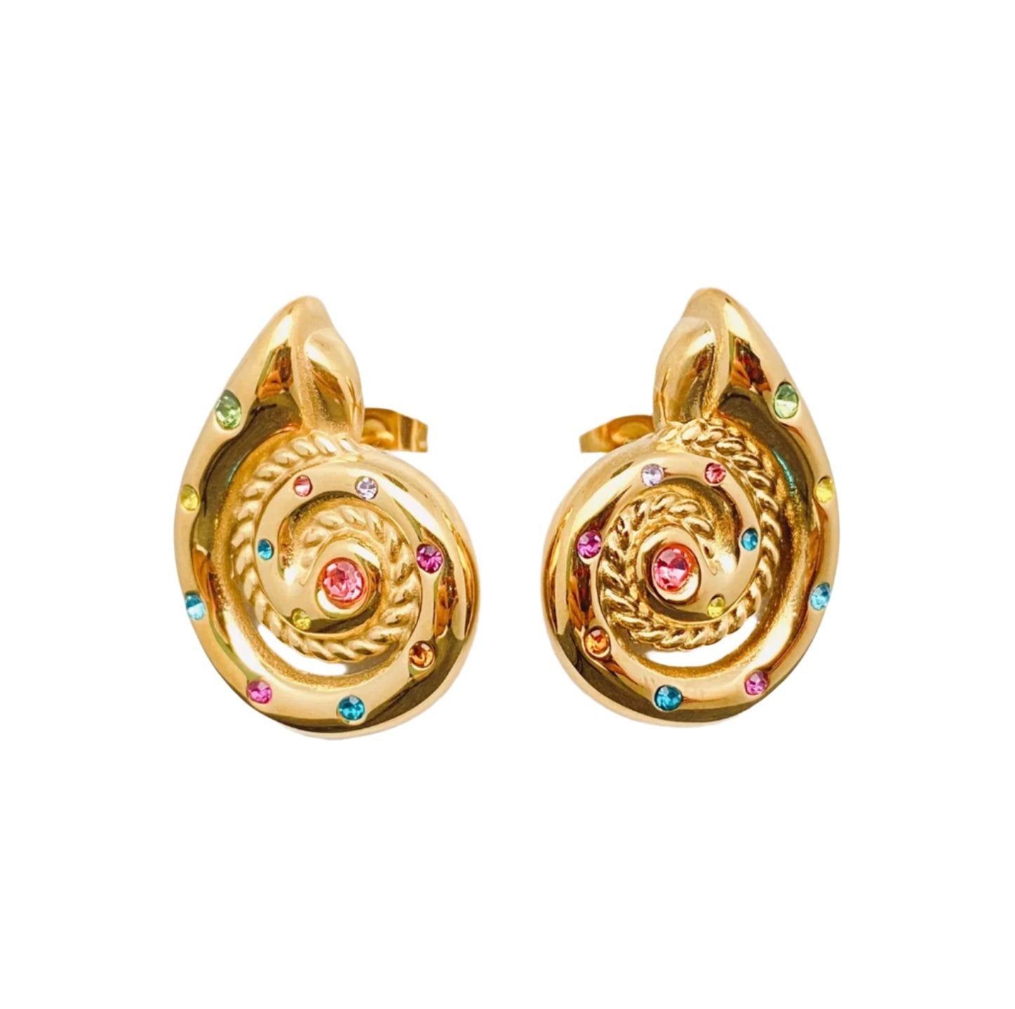 Cute colourful sea snail shaped gold earrings 