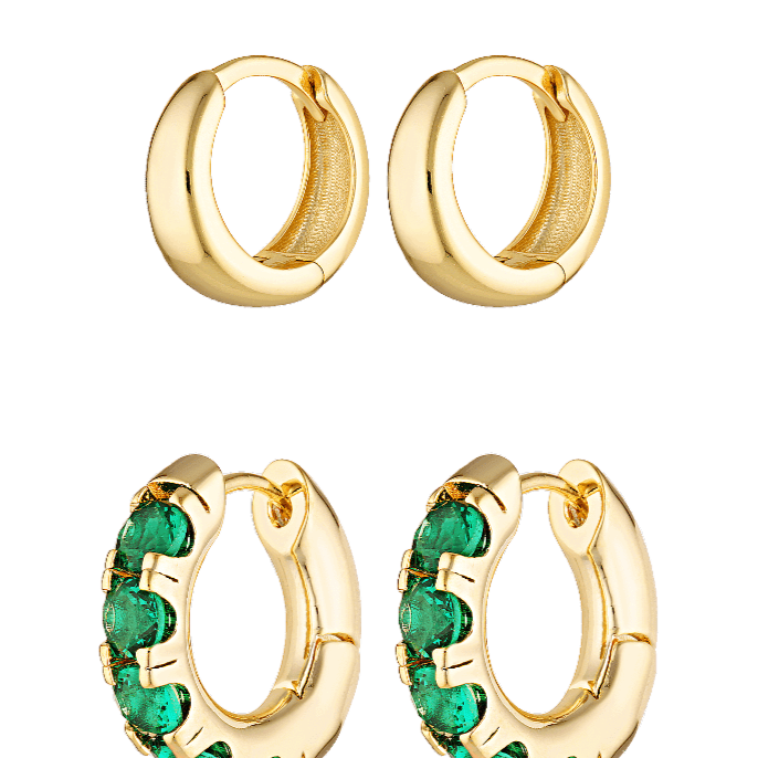 Set of three of our best hoop earrings. Huggies with green hoops