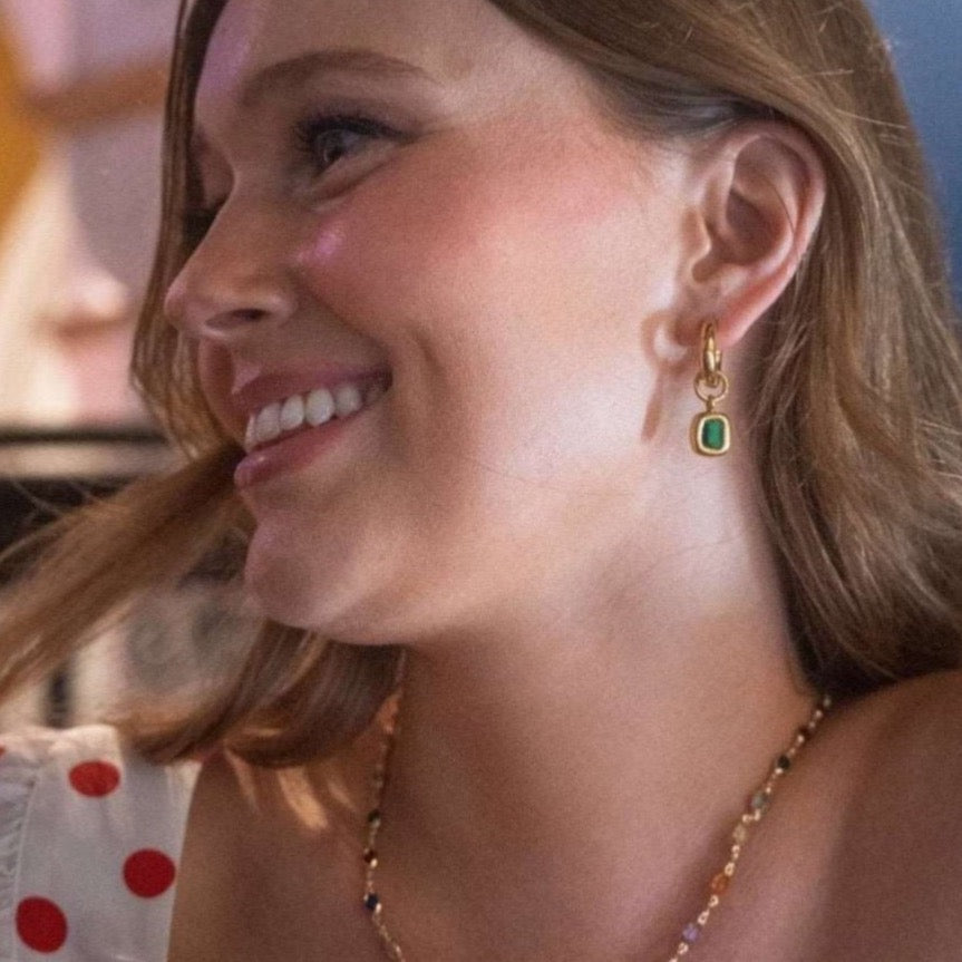 Bella in Bixby and Co Jewellery | green gemstone earrings 